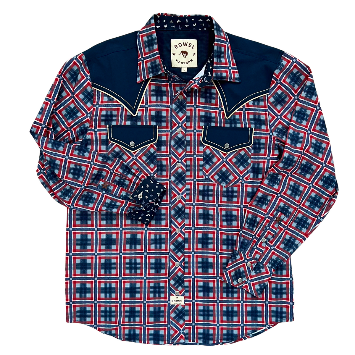Coevals Club Men's Western Pearl Snap Shirt - Long Sleeve Plaid Work Shirt With Two Pockets (Blue/Red, XL)
