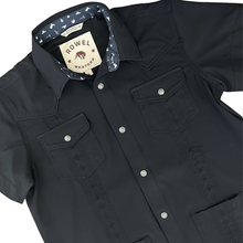 Load image into Gallery viewer, Youth Pearl Snap Guayabera Performance Shirt--Black