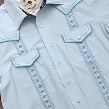Load image into Gallery viewer, Pearl Snap Guayabera Performance Shirt--Colombian Blue
