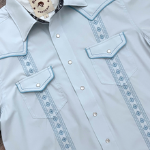 Load image into Gallery viewer, Pearl Snap Guayabera Performance Shirt--Columbian Blue
