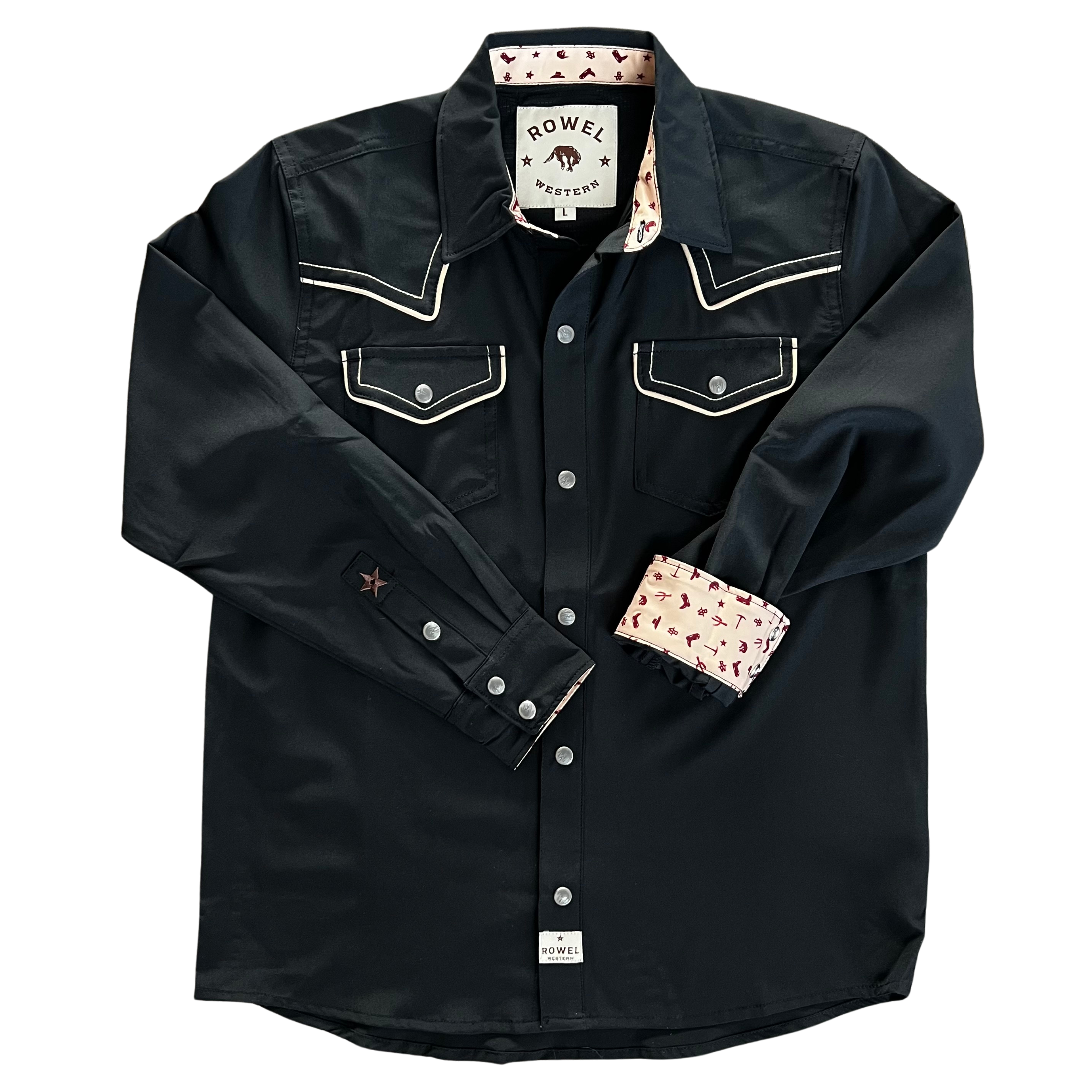 Rowel Western + Youth Black/ Tan Piping Long Sleeve Performance Western Shirt Rowel Western + Youth Black/ Tan Piping Long Sleeve Performance Western Shirt