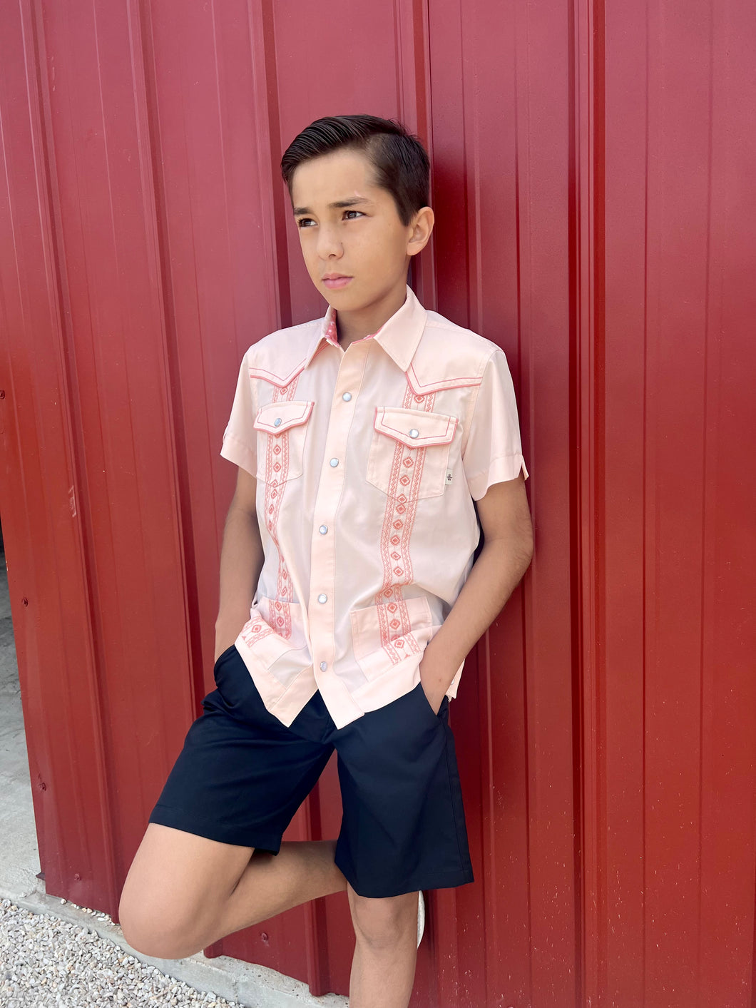 Youth Pearl Snap Guayabera Performance Shirt--Cloud Pink