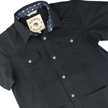 Load image into Gallery viewer, Youth Pearl Snap Guayabera Performance Shirt--Black
